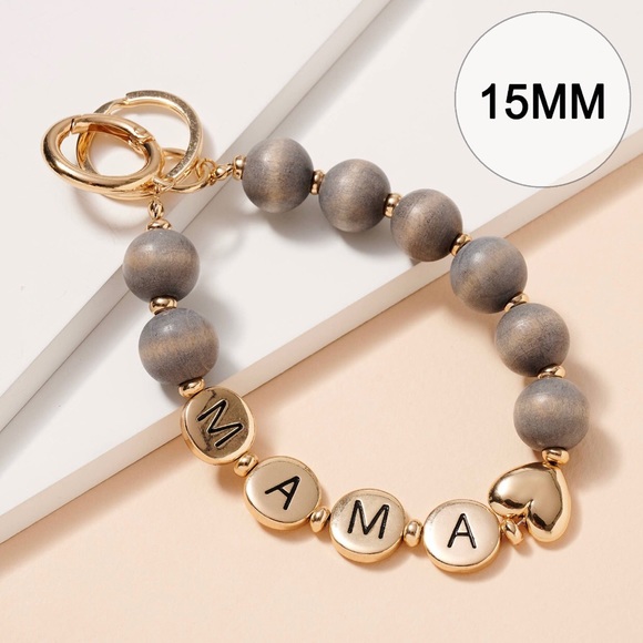 Mama Wood Beaded Keychain Bracelet - Gray - Picture 3 of 3